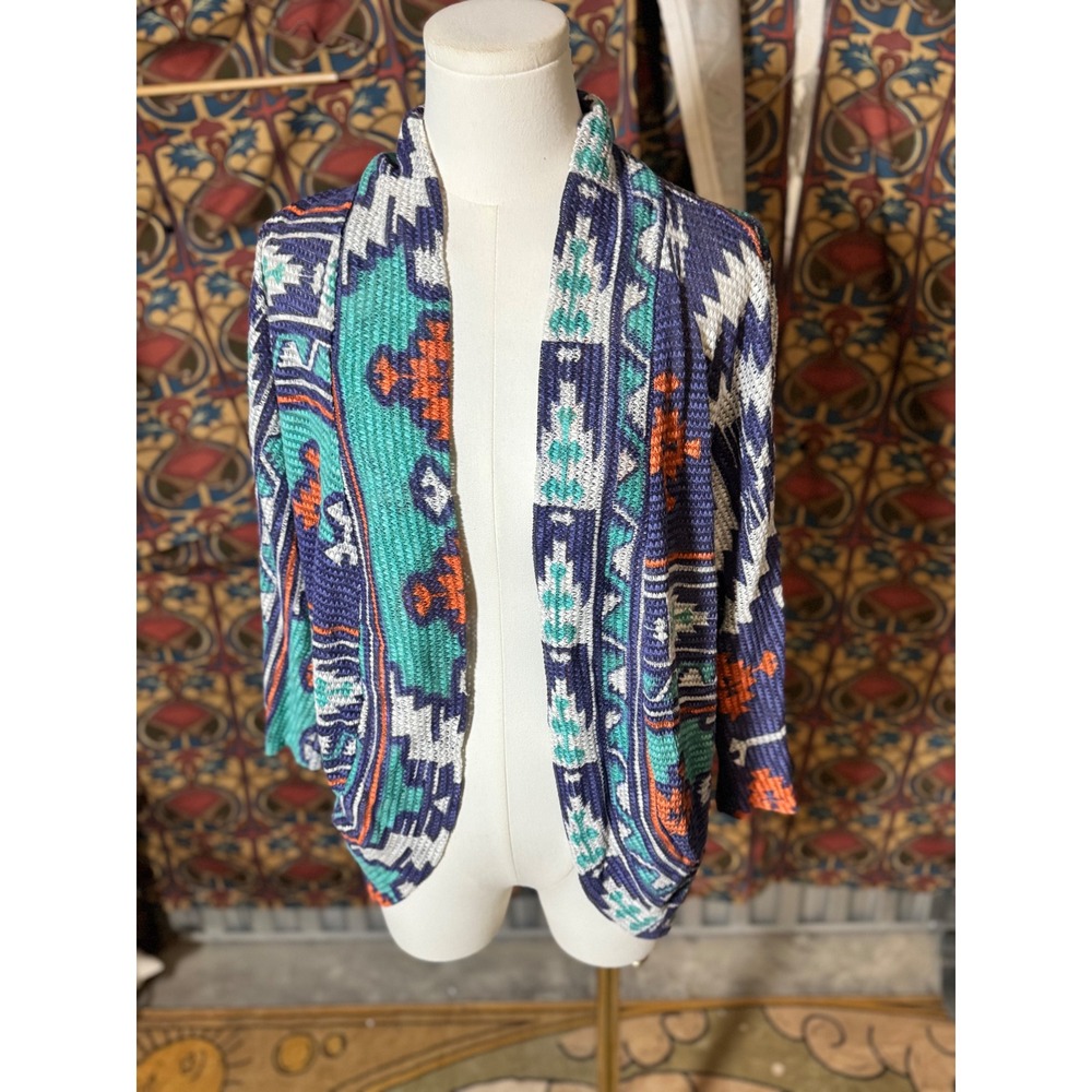 Love & let love  Blue Orange Teal Geometric Print Open Front Cardigan Sweater L